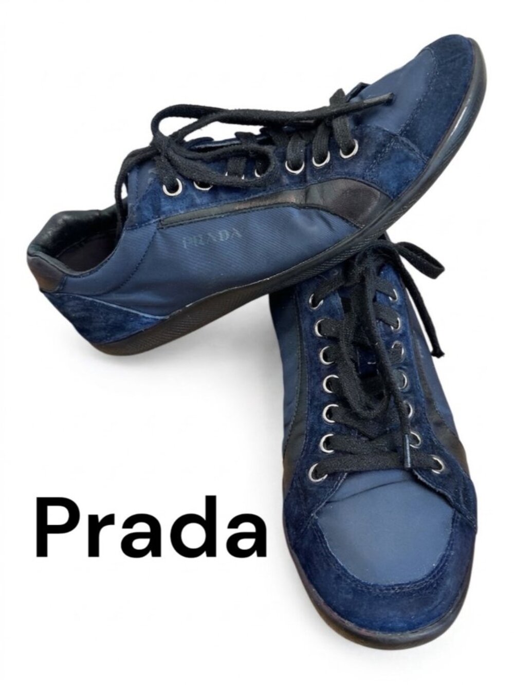 Prada Sport Vintage Navy Blue Leather Suede Nylon Low Top Sneakers US 10.5 shoes